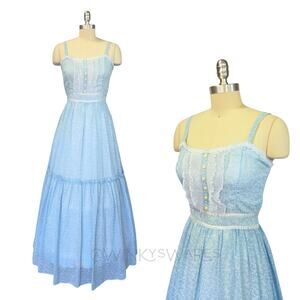 Gunne Sax Blue Floral Maxi Dress Size 11 Prairie Calico Vintage 70s Jacket